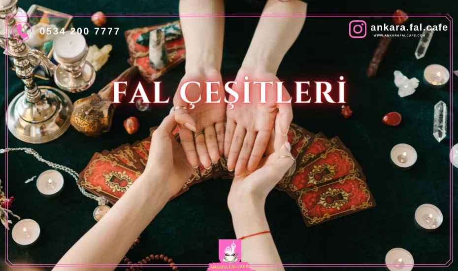 Fal çeşitlerini gösteren görsel; kahve falı, tarot ve iskambil bir arada.